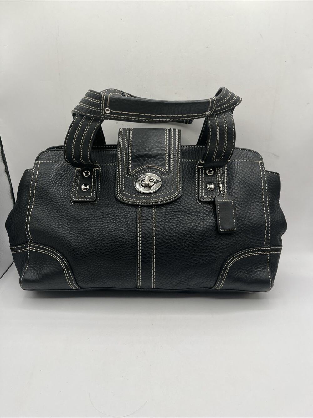 Coach Hampton F13961 Pebbled Leather Satchel Handbag Black Double Straps Vintage